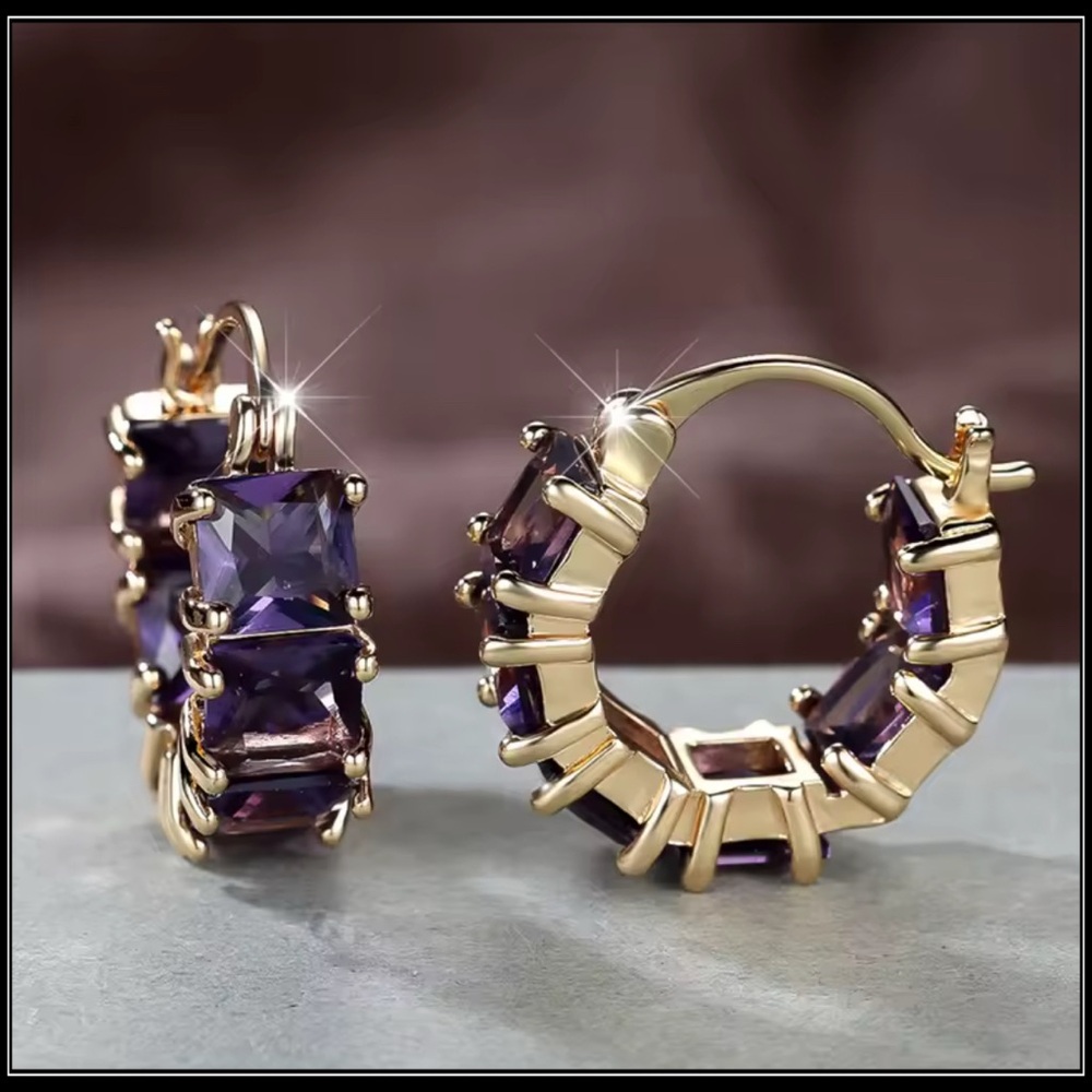 New 14k gold 8g purple amethyst square princess chunky huggie hoop earrings